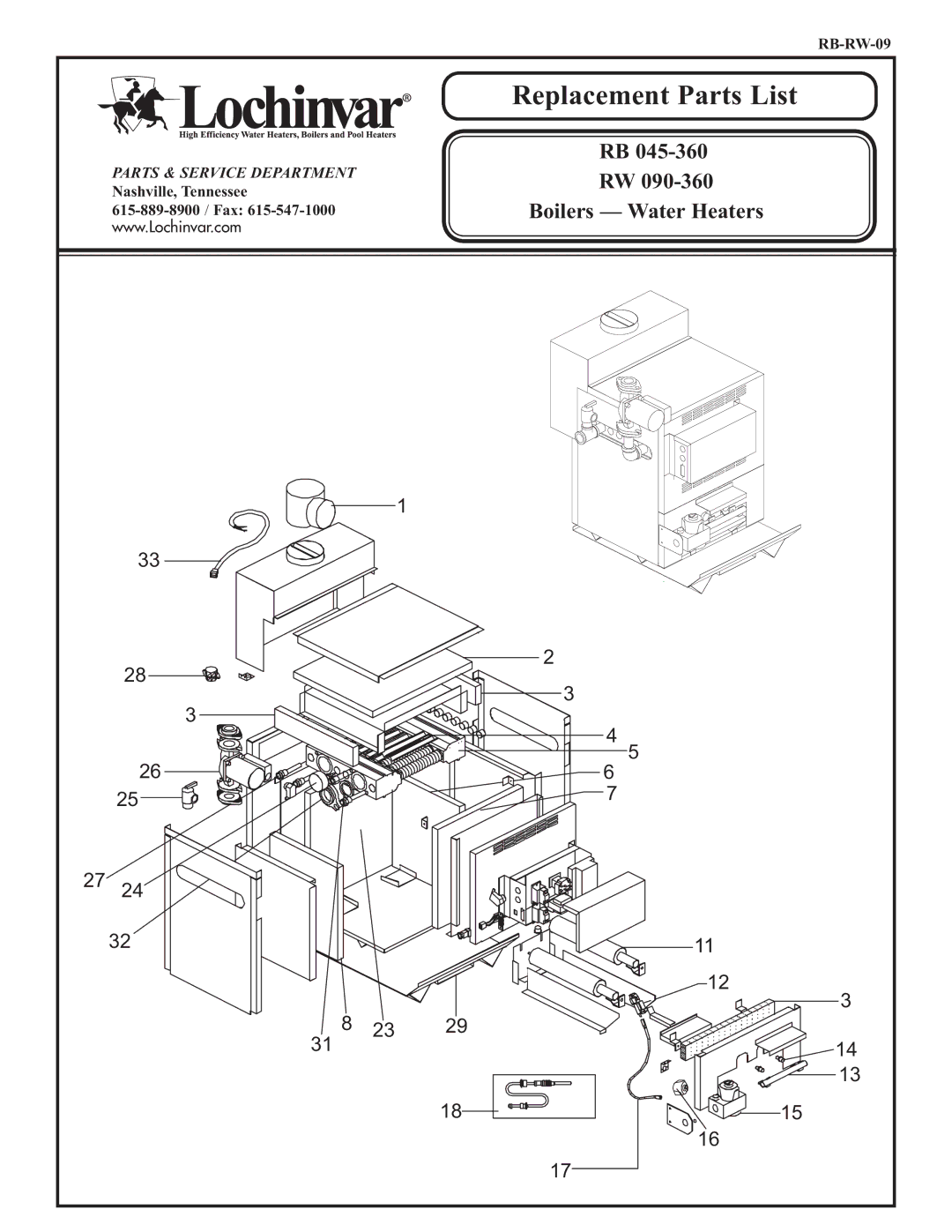 Lochinvar RW 090-360 manual Replacement Parts List 