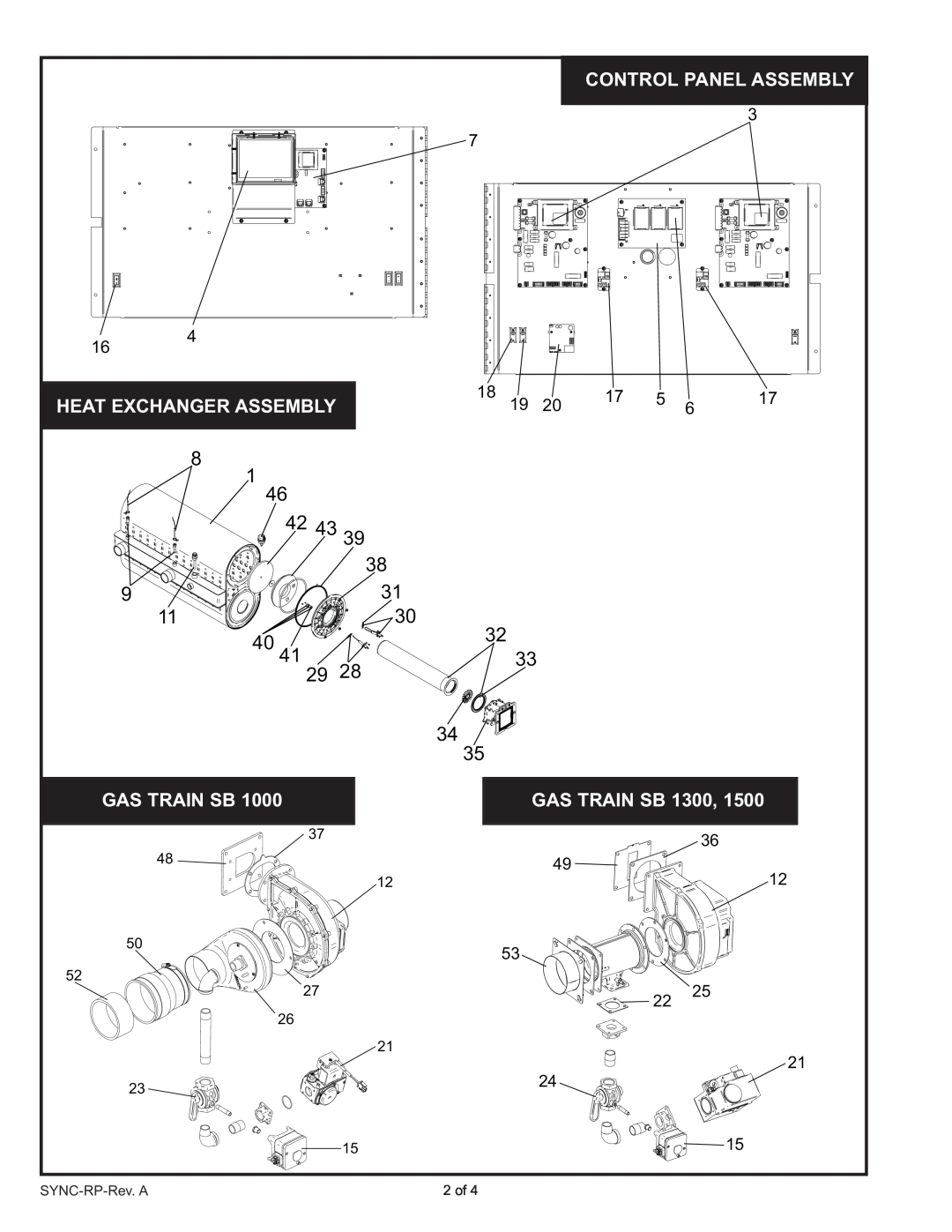 Lochinvar SB 1000 - 1500 manual Control Panel Assembly, Gas Train Sb, GAS TRAIN SB 1300, Heat Exchanger Assembly 