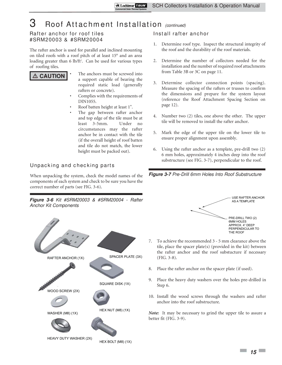 Lochinvar SCH-I-O operation manual Install rafter anchor, Rafter anchor for roof tiles #SRM20003 & #SRM20004 