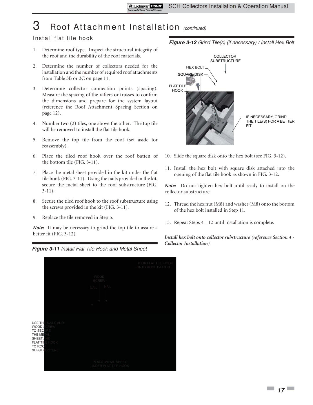 Lochinvar SCH-I-O operation manual Install flat tile hook, 12Grind Tiles if necessary / Install Hex Bolt 