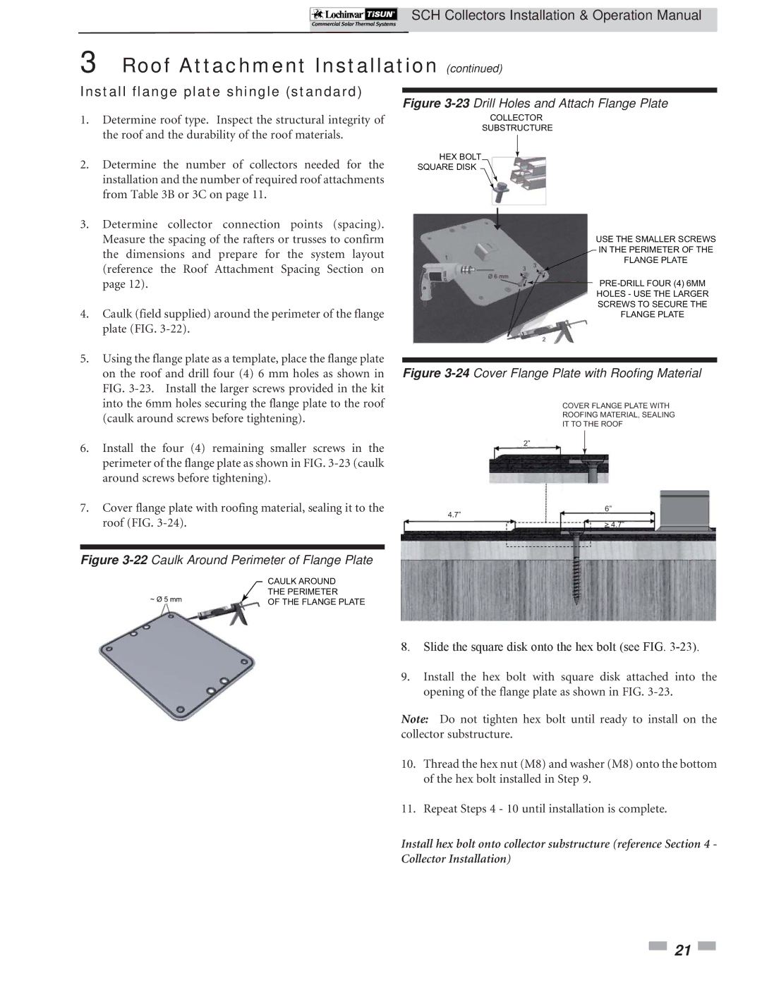 Lochinvar SCH-I-O operation manual Install flange plate shingle standard, 22Caulk Around Perimeter of Flange Plate 