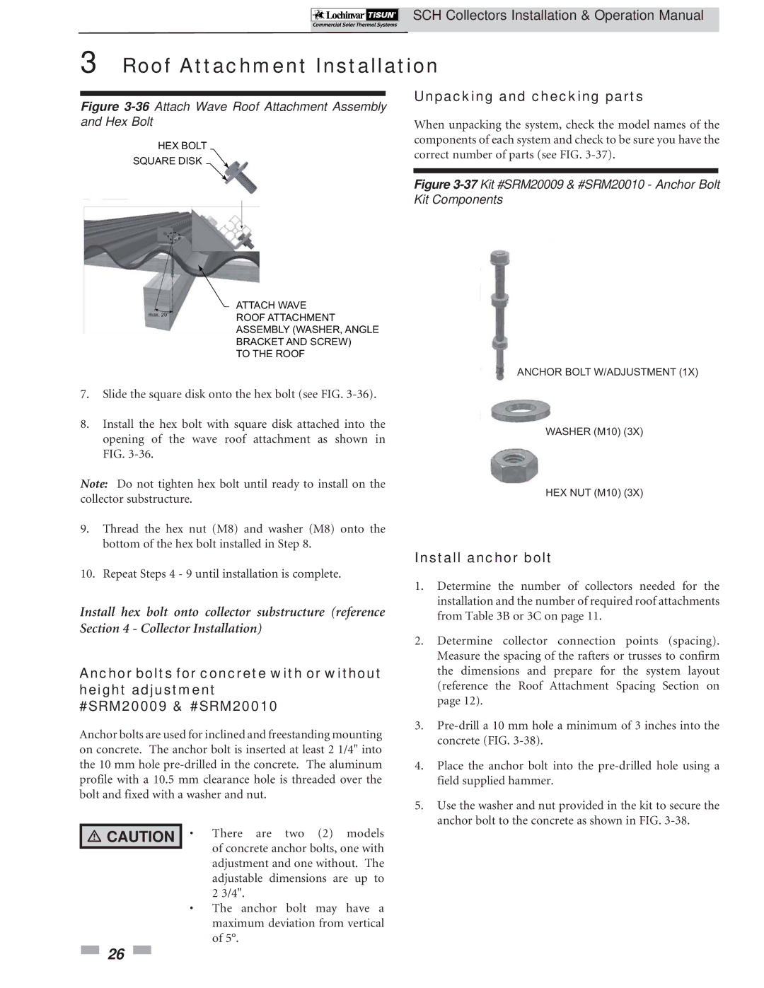 Lochinvar SCH-I-O operation manual Install anchor bolt, 36Attach Wave Roof Attachment Assembly and Hex Bolt 