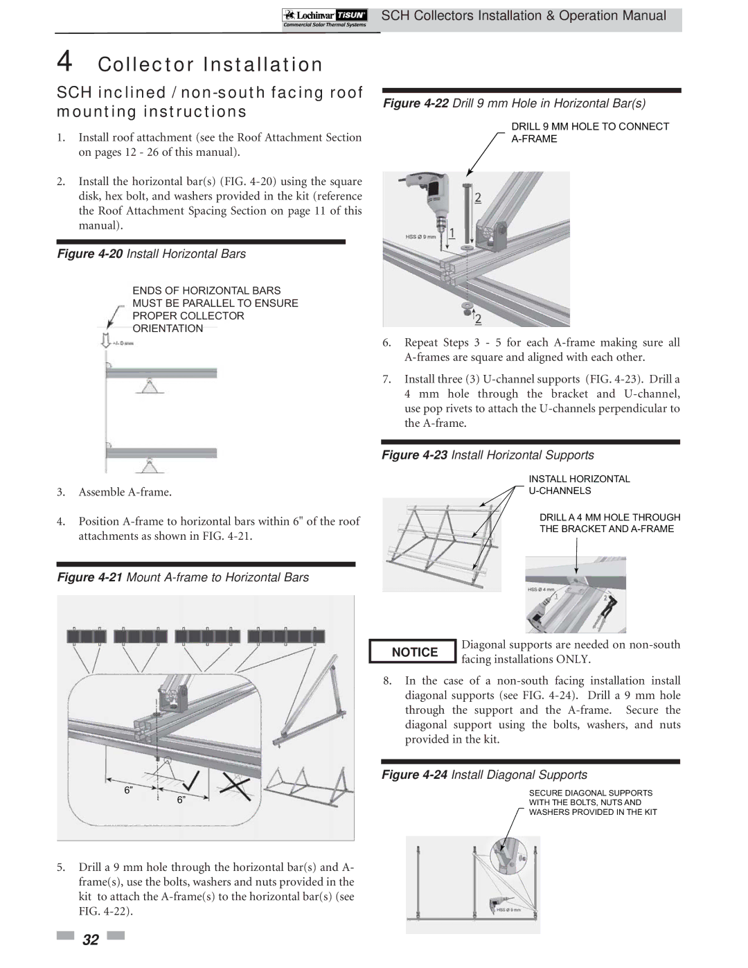 Lochinvar SCH-I-O operation manual SCH inclined / non-south facing roof mounting instructions, 20Install Horizontal Bars 