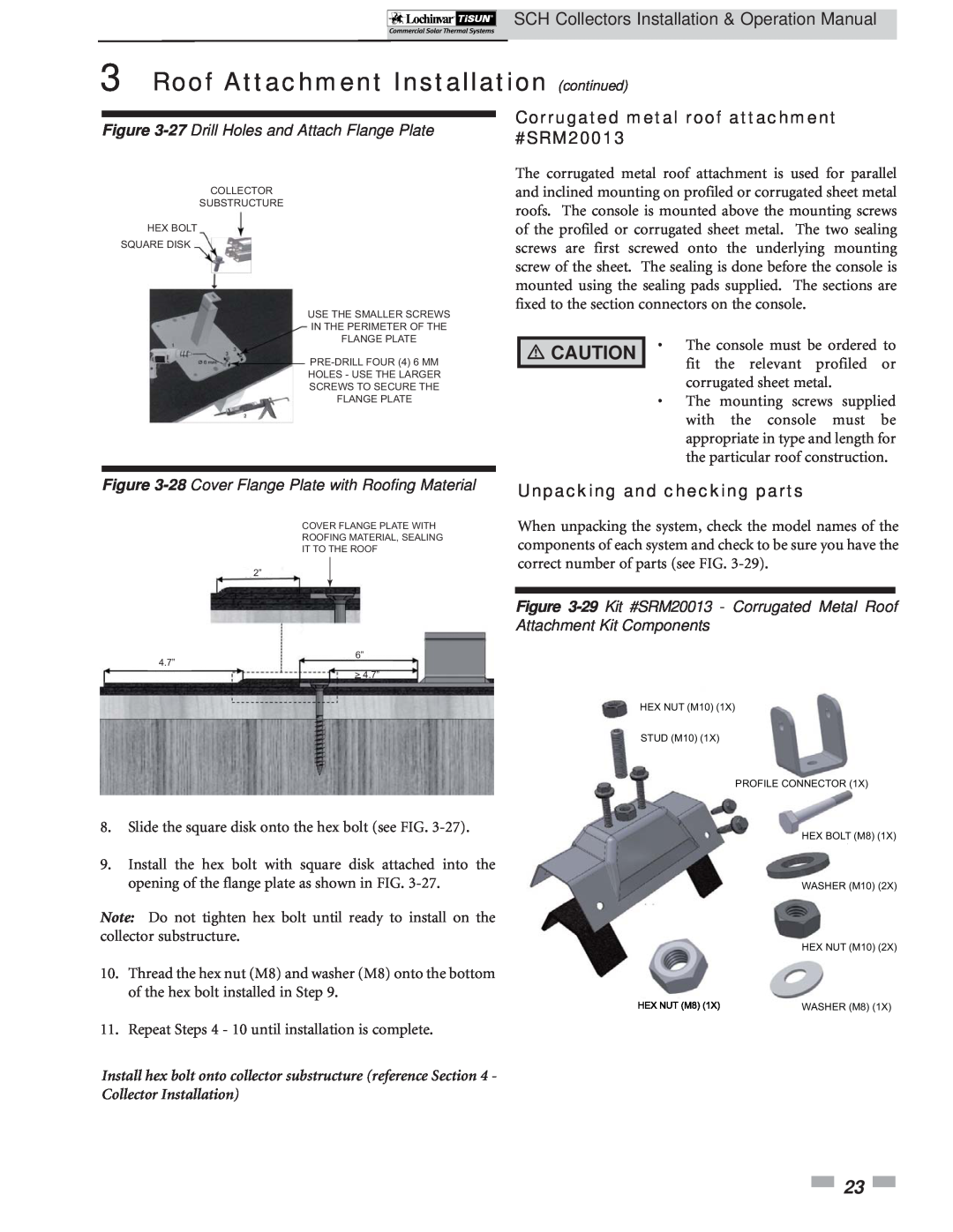Lochinvar SCH-I-O operation manual Corrugated metal roof attachment #SRM20013, 27 Drill Holes and Attach Flange Plate 
