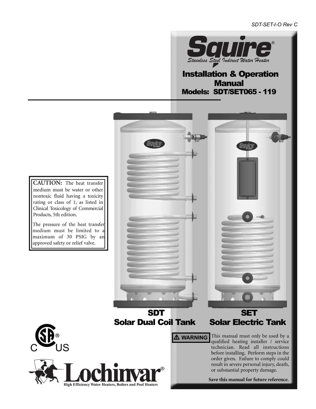 Lochinvar SDT/SET065 - 119 operation manual Installation & Operation Manual, Solar Dual Coil Tank 