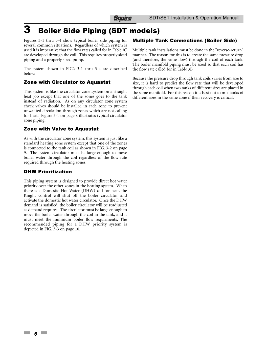 Lochinvar SDT/SET065 - 119 Boiler Side Piping SDT models, Zone with Circulator to Aquastat, Zone with Valve to Aquastat 