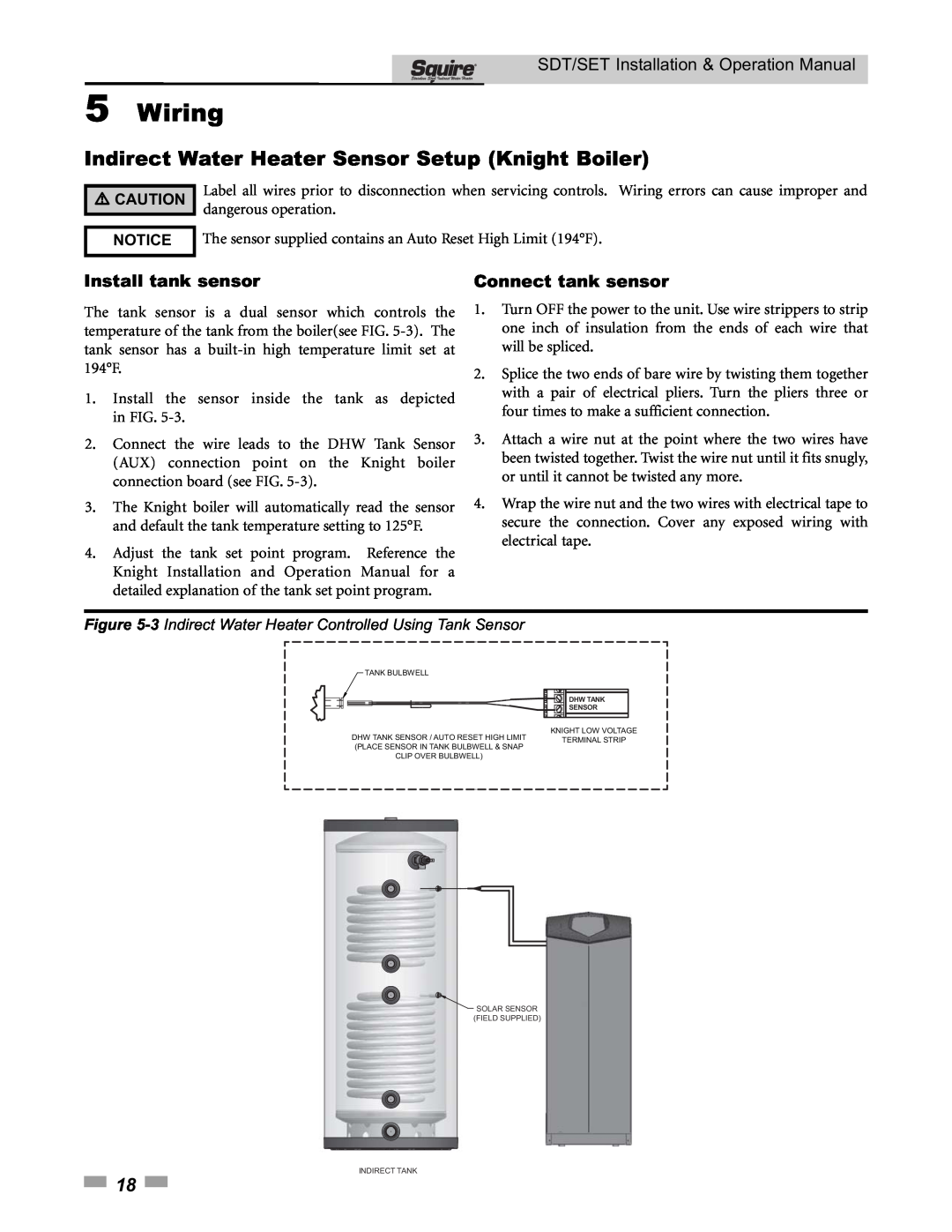 Lochinvar SDT/SET065 - 119 Indirect Water Heater Sensor Setup Knight Boiler, Install tank sensor, Connect tank sensor 