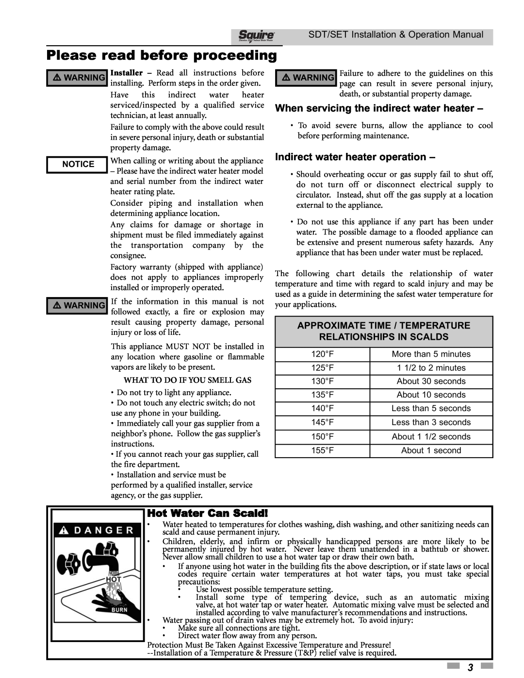 Lochinvar SDT/SET065 - 119 Please read before proceeding, When servicing the indirect water heater, Hot Water Can Scald 