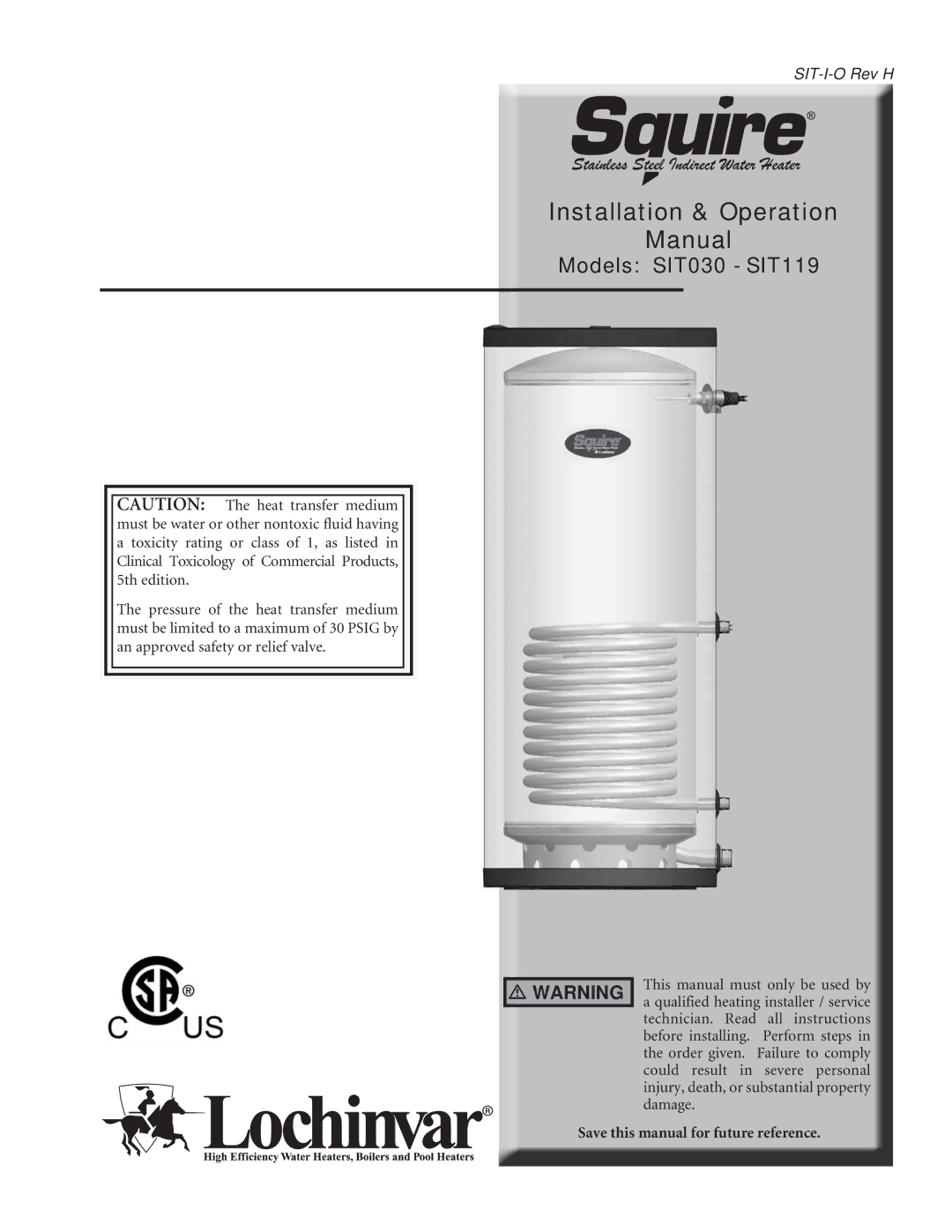 Lochinvar operation manual Installation & Operation Manual, Models SIT030 SIT119 