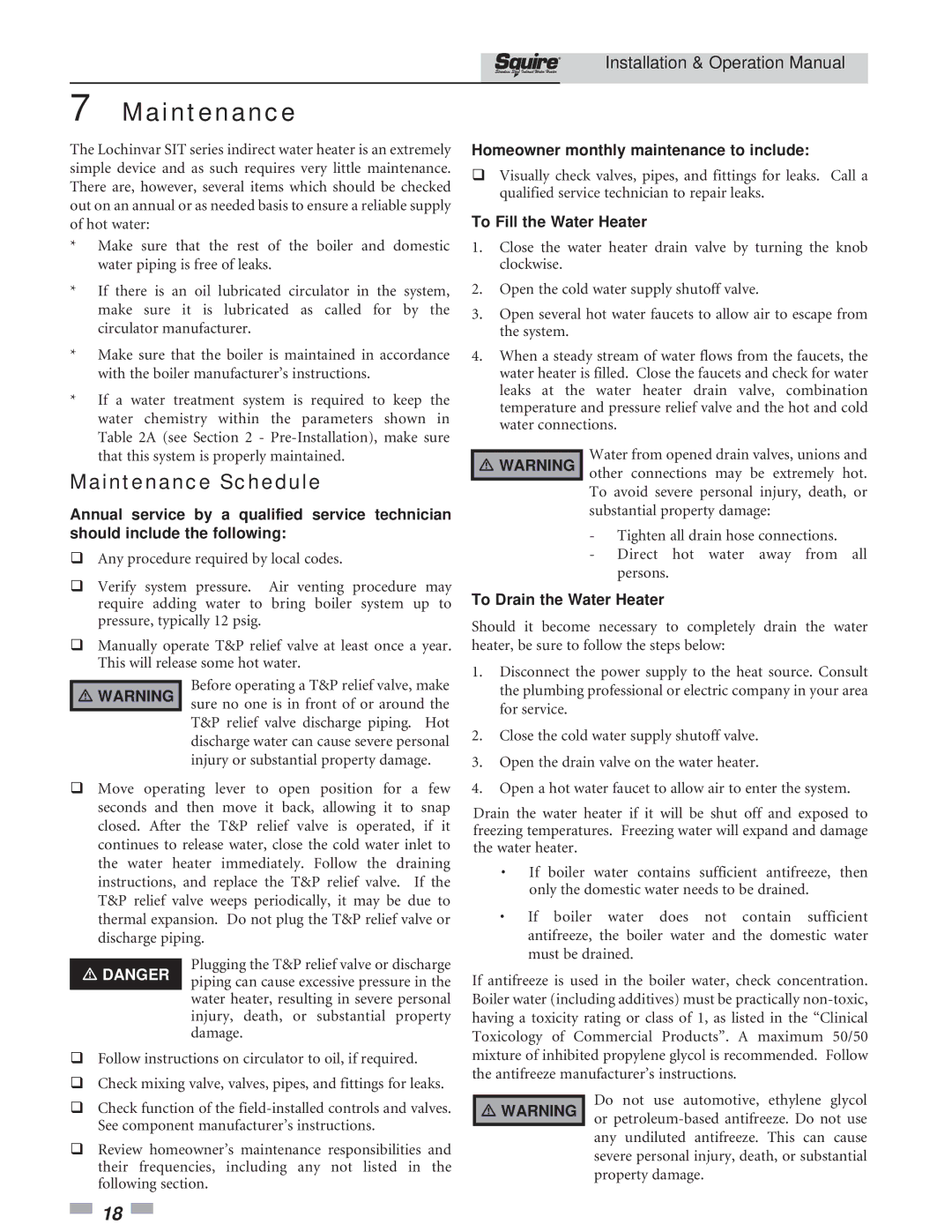 Lochinvar SIT119, SIT030 Maintenance Schedule, Homeowner monthly maintenance to include, To Fill the Water Heater 