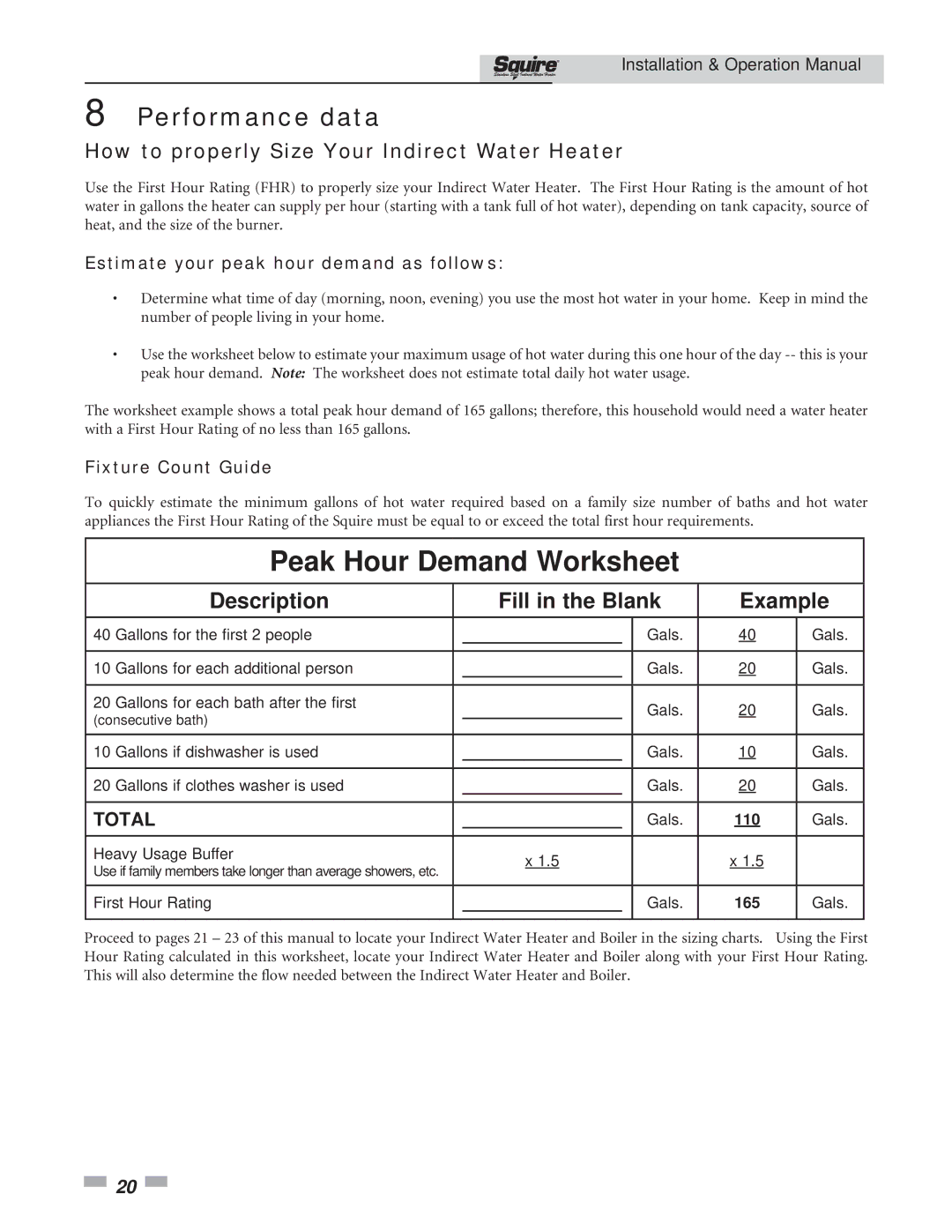 Lochinvar SIT119 How to properly Size Your Indirect Water Heater, Estimate your peak hour demand as follows, 110, 165 