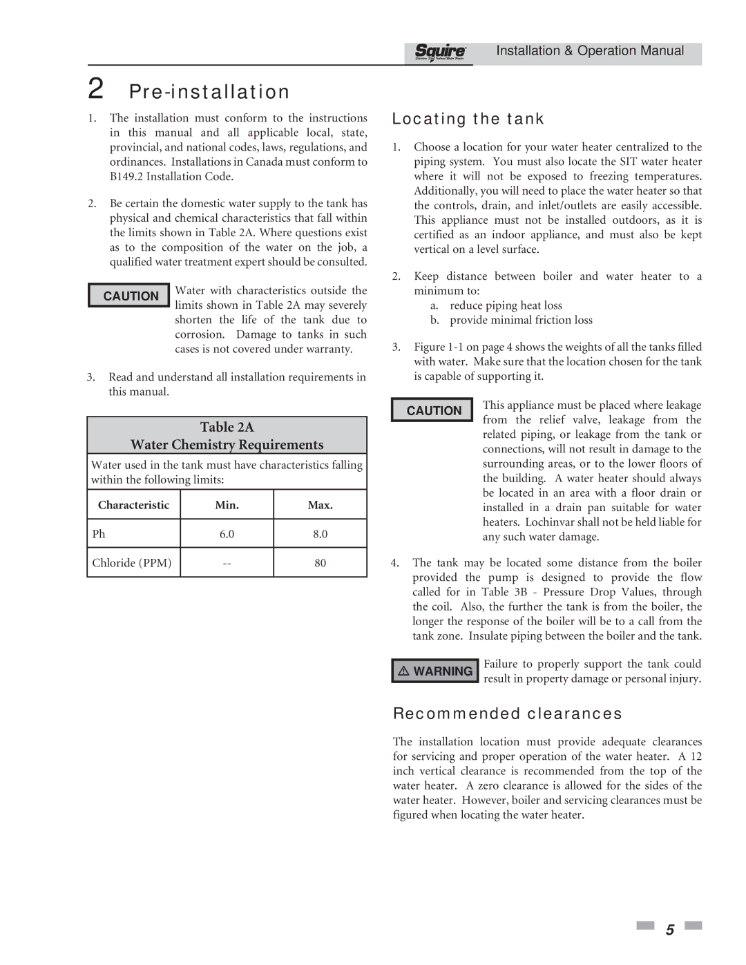 Lochinvar SIT030, SIT119 Pre-installation, Locating the tank, Recommended clearances, Water Chemistry Requirements 