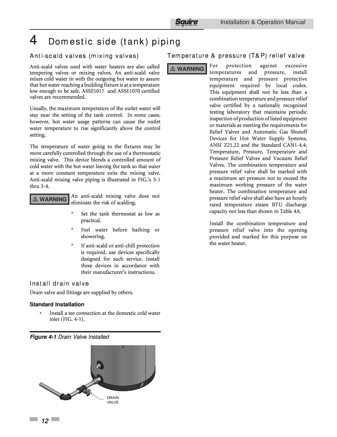 Lochinvar SIT119, SIT030 Anti-scaldvalves mixing valves, Temperature & pressure T&P relief valve, Install drain valve 