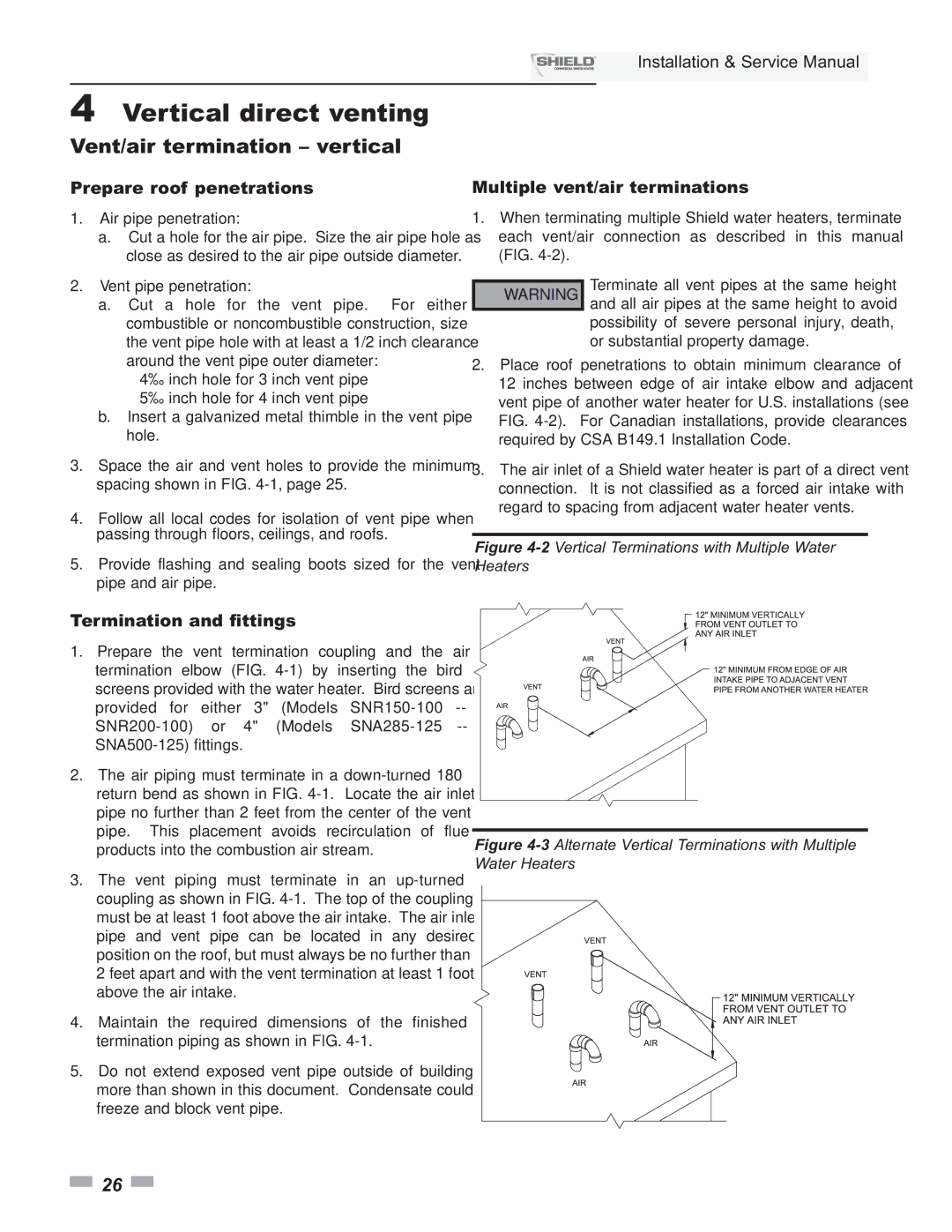 Lochinvar SNR200-100, SNA500-125, SNA285-125 Prepare roof penetrations, 2Vertical Terminations with Multiple Water Heaters 