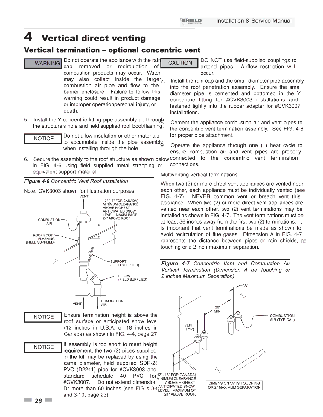 Lochinvar SNR150-100, SNA500-125, SNR200-100 6Concentric Vent Roof Installation, Multiventing vertical terminations 