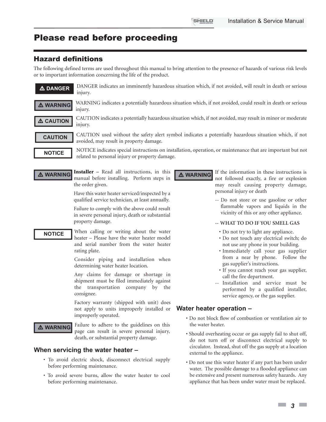 Lochinvar SNR150-100, SNA500-125, SNR200-100, SNA285-125, SNA400-125 Please read before proceeding, Hazard definitions 