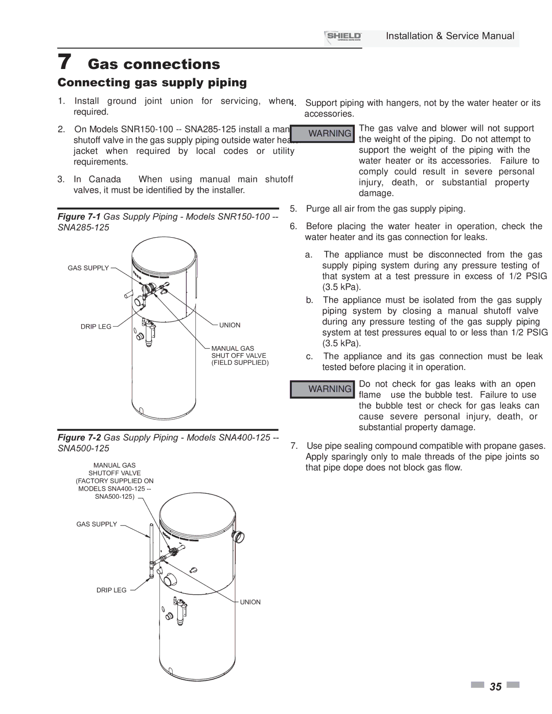 Lochinvar SNA500-125, SNR200-100, SNA285-125, SNR150-100, SNA400-125 Gas connections, Connecting gas supply piping 