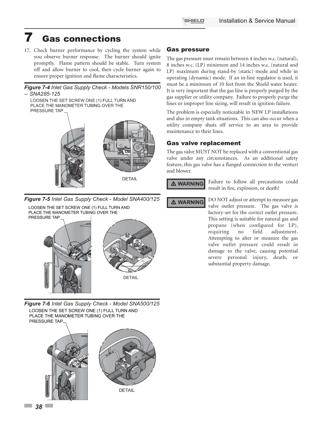 Lochinvar SNR150-100, SNA500-125, SNR200-100, SNA285-125, SNA400-125 service manual Gas pressure, Gas valve replacement 