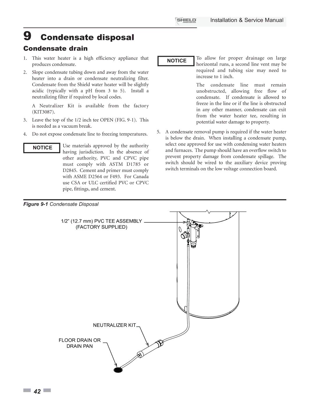 Lochinvar SNA285-125, SNA500-125, SNR200-100, SNR150-100, SNA400-125 service manual Condensate disposal, Condensate drain 