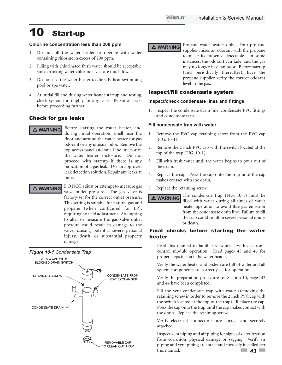 Lochinvar SNR150-100, SNA500-125, SNR200-100, SNA285-125 Start-up, Check for gas leaks Inspect/fill condensate system 