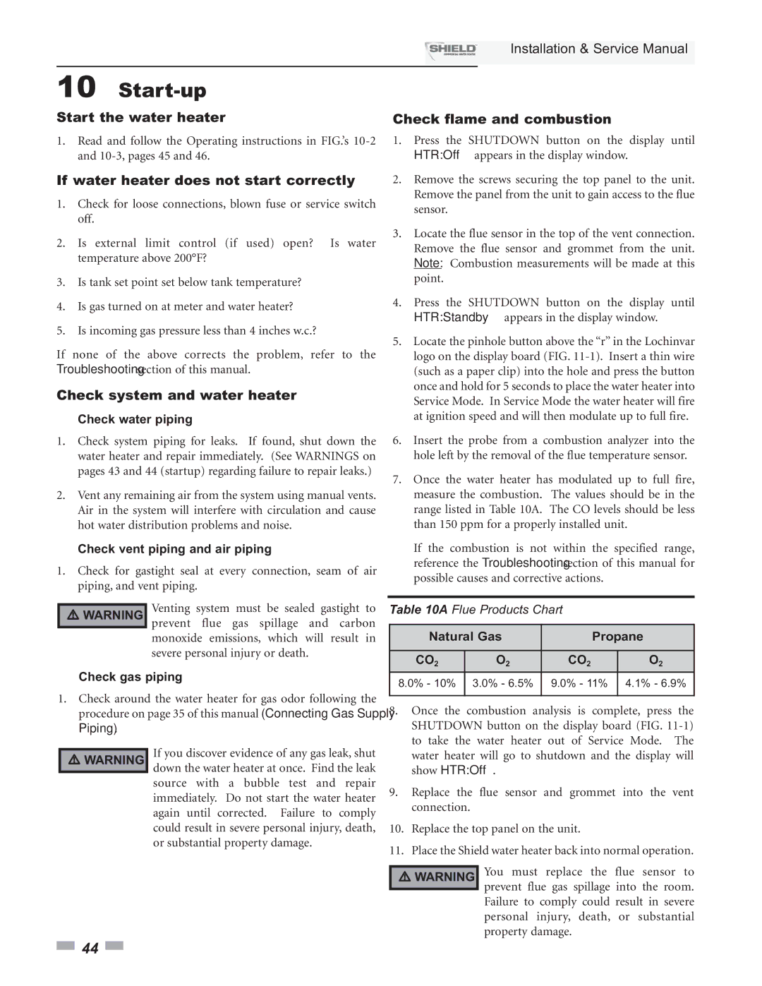 Lochinvar SNA400-125 Start the water heater, If water heater does not start correctly, Check system and water heater 