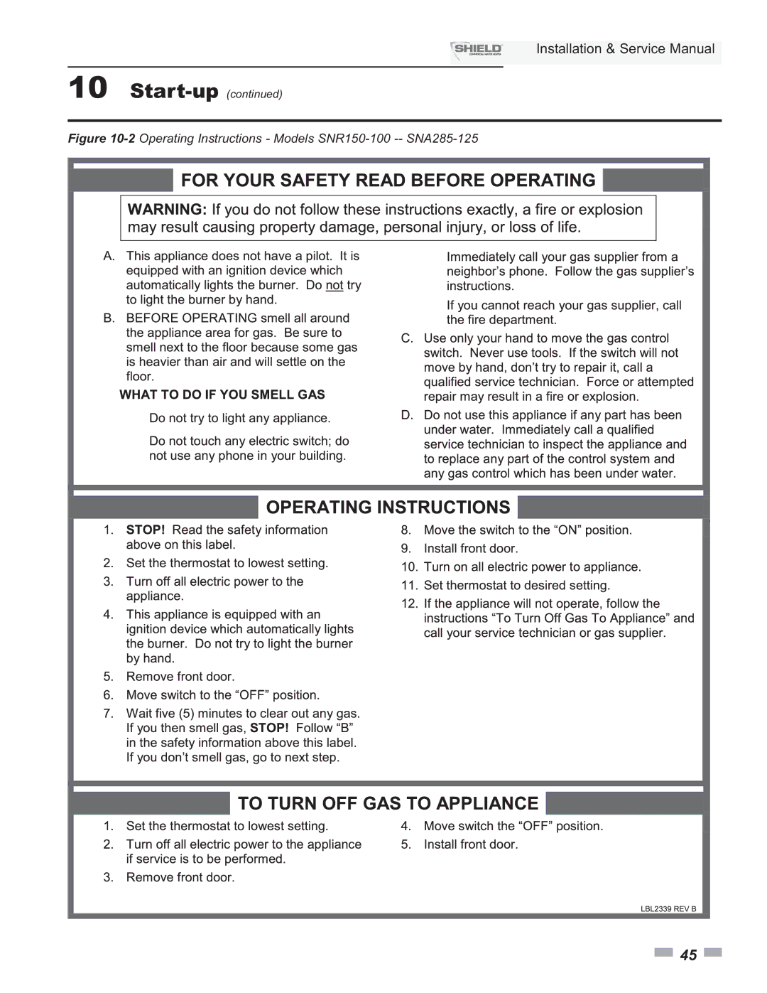 Lochinvar SNA500-125, SNR200-100, SNA400-125 service manual 2Operating Instructions Models SNR150-100 -- SNA285-125 