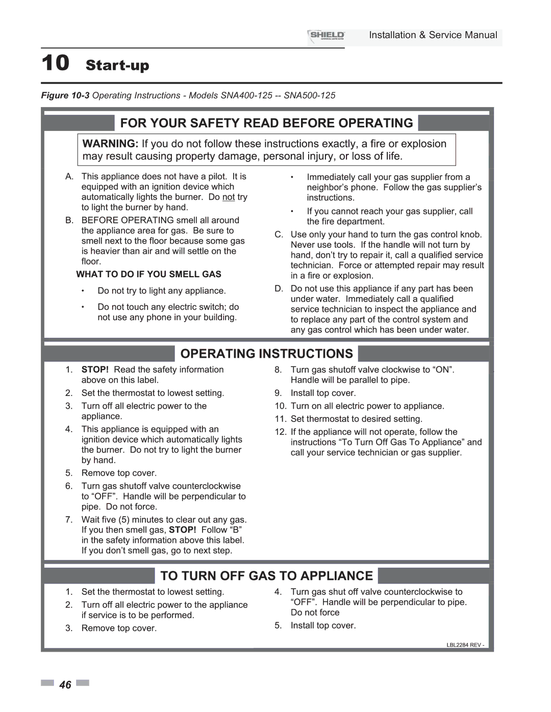 Lochinvar SNR200-100, SNA285-125, SNR150-100 service manual 3Operating Instructions Models SNA400-125 -- SNA500-125 