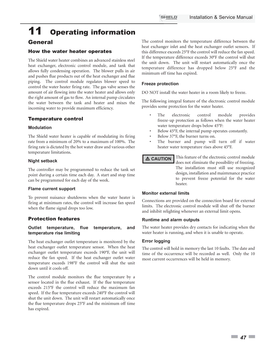 Lochinvar SNA285-125, SNA500-125 Operating information, General, How the water heater operates, Temperature control 