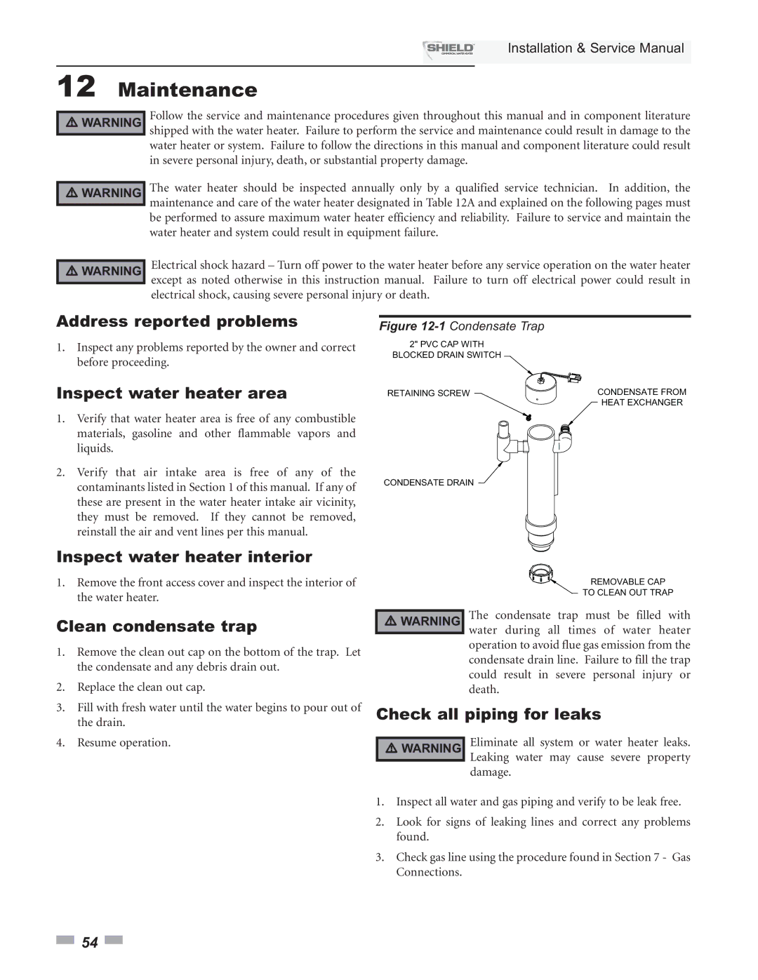 Lochinvar SNA400-125, SNA500-125, SNR200-100, SNA285-125, SNR150-100 service manual Maintenance 