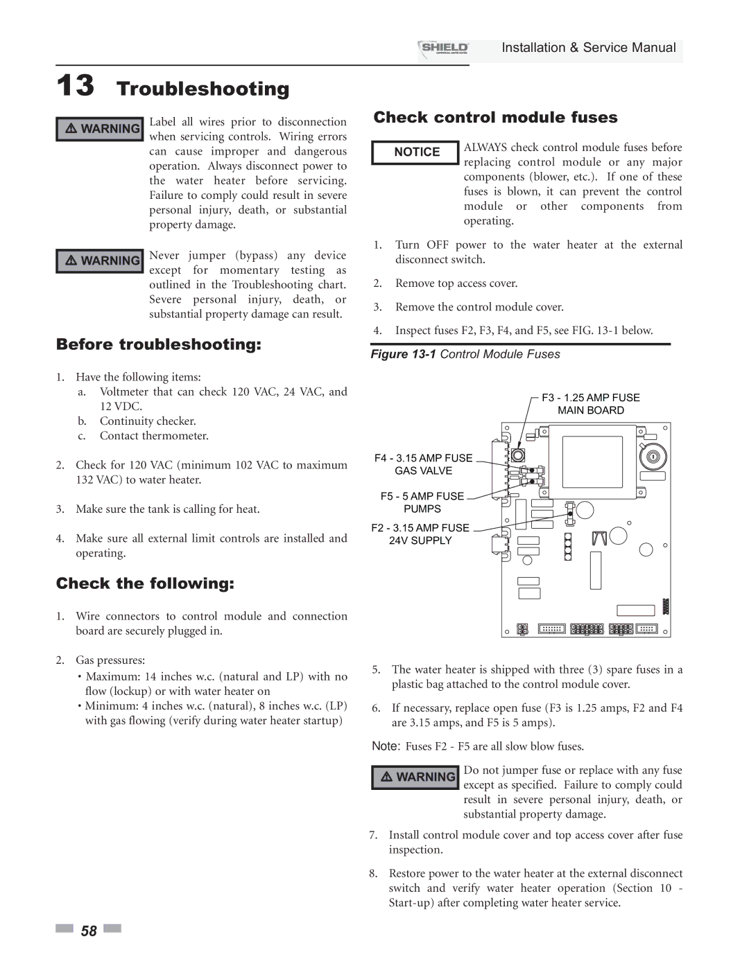 Lochinvar SNR150-100, SNA500-125 Troubleshooting, Check control module fuses, Before troubleshooting, Check the following 