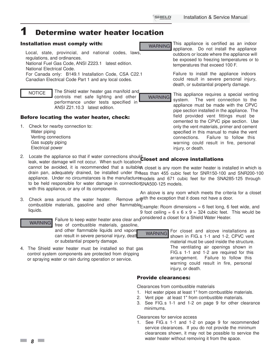 Lochinvar SNR150-100 Determine water heater location, Installation must comply with, Closet and alcove installations 