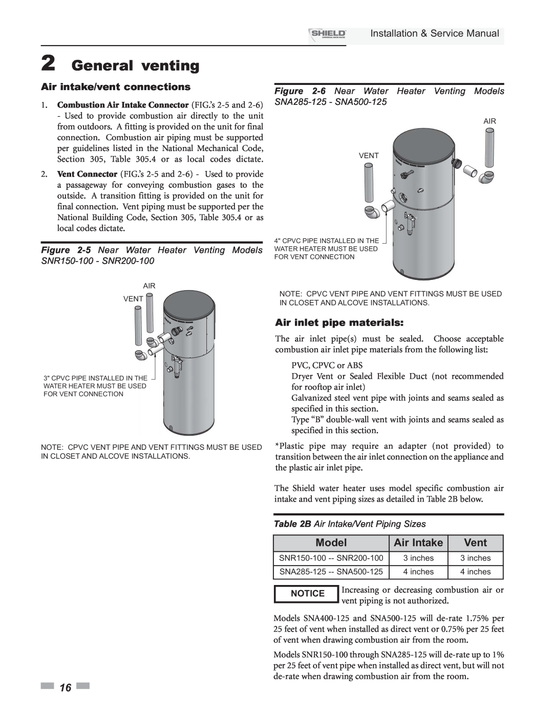 Lochinvar SNR200-100 Model, Air Intake, Vent, 2General venting, Installation & Service Manual, Air intake/vent connections 