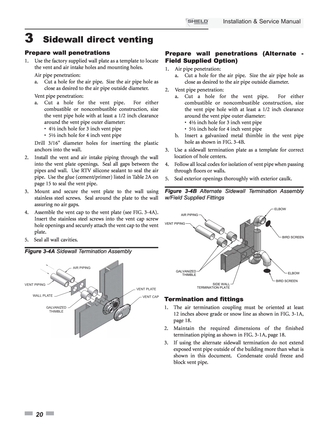 Lochinvar SNA500-125, SNR200-100 3Sidewall direct venting, Installation & Service Manual, Prepare wall penetrations 