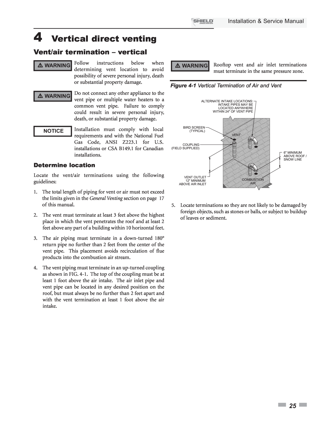 Lochinvar SNA500-125, SNR200-100 4Vertical direct venting, Vent/air termination – vertical, Installation & Service Manual 