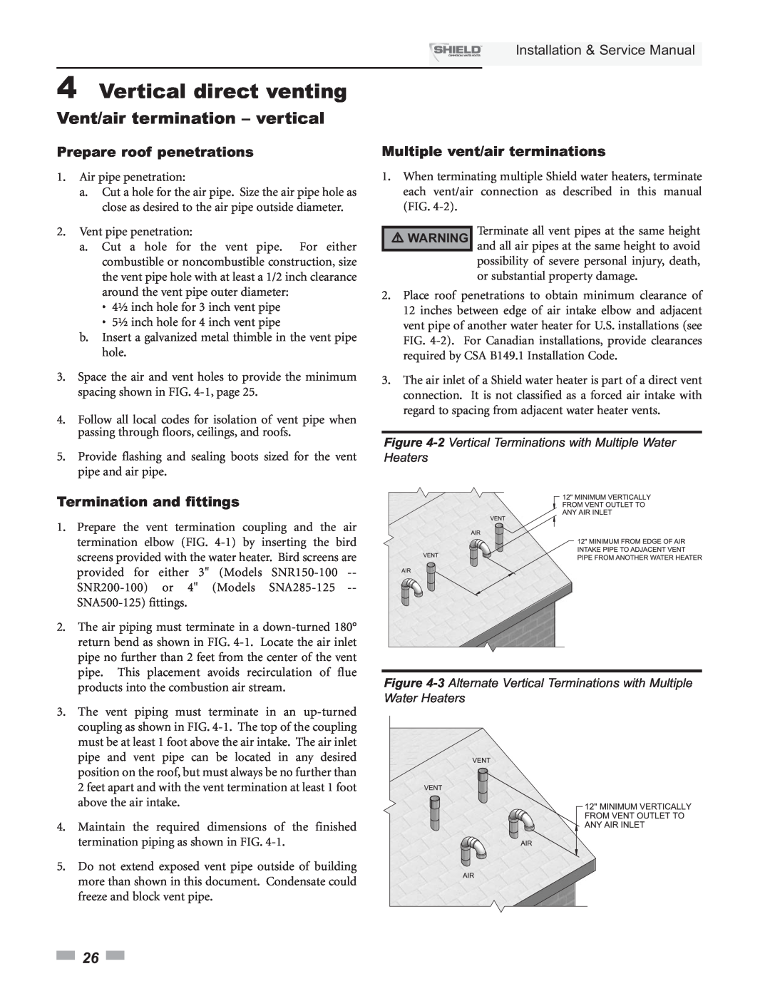 Lochinvar SNR200-100, SNA500-125 4Vertical direct venting, Vent/air termination – vertical, Installation & Service Manual 