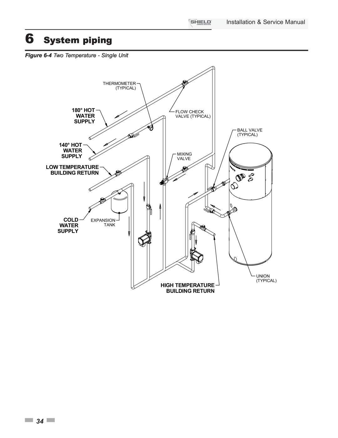 Lochinvar SNA400-125 6System piping, Installation & Service Manual, 4 Two Temperature - Single Unit, Hot Water Supply 
