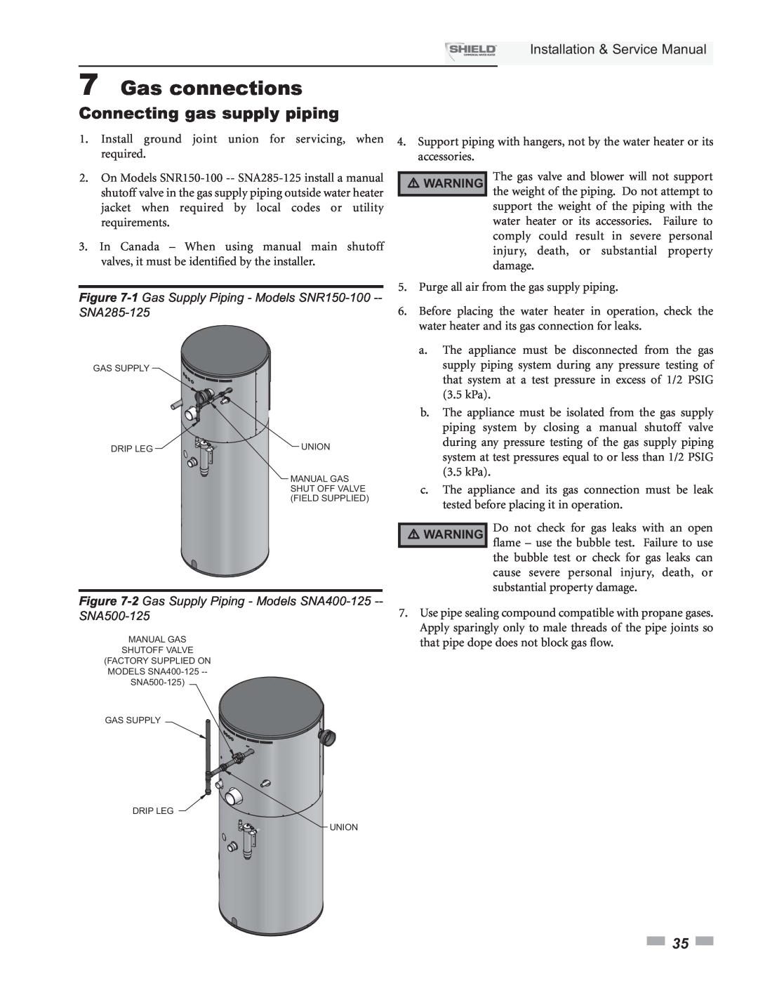 Lochinvar SNA500-125, SNR200-100, SNA285-125 7Gas connections, Connecting gas supply piping, Installation & Service Manual 