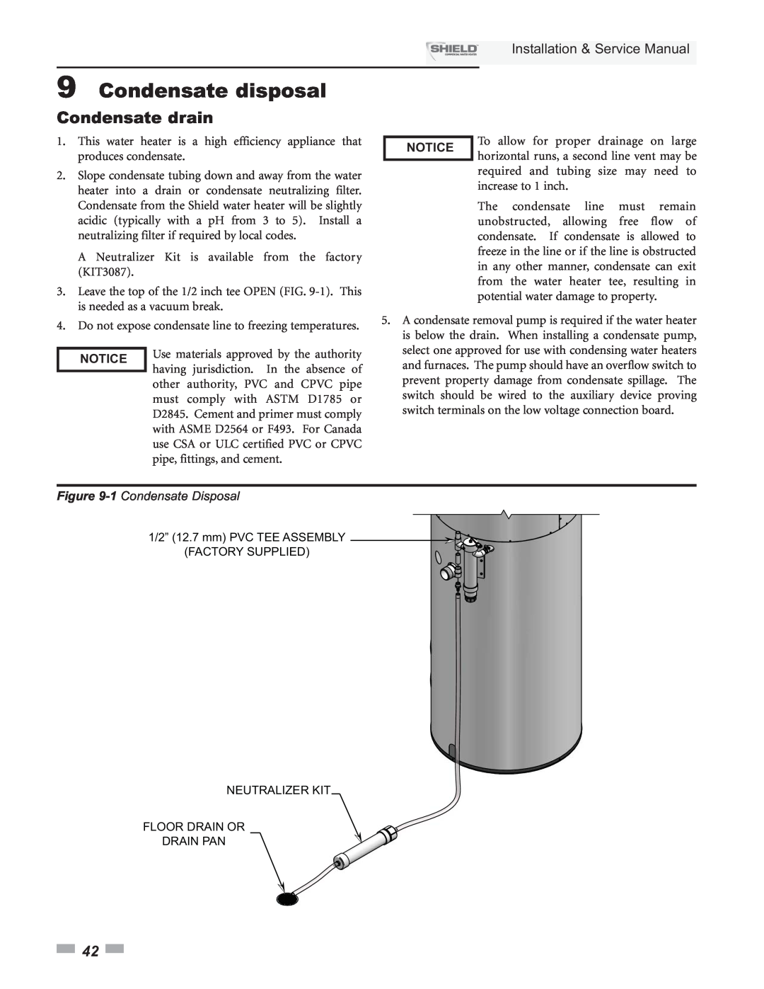Lochinvar SNA285-125 9Condensate disposal, Condensate drain, Installation & Service Manual, Notice, 1 Condensate Disposal 