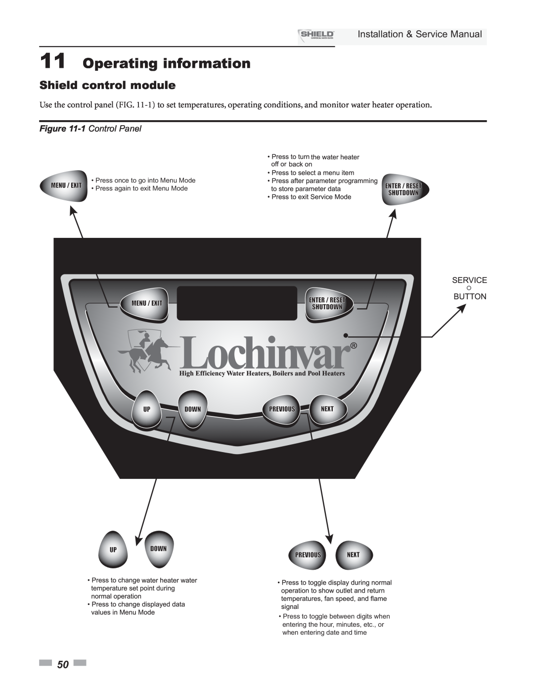 Lochinvar SNA500-125 Shield control module, Operating information, Installation & Service Manual, 1 Control Panel 