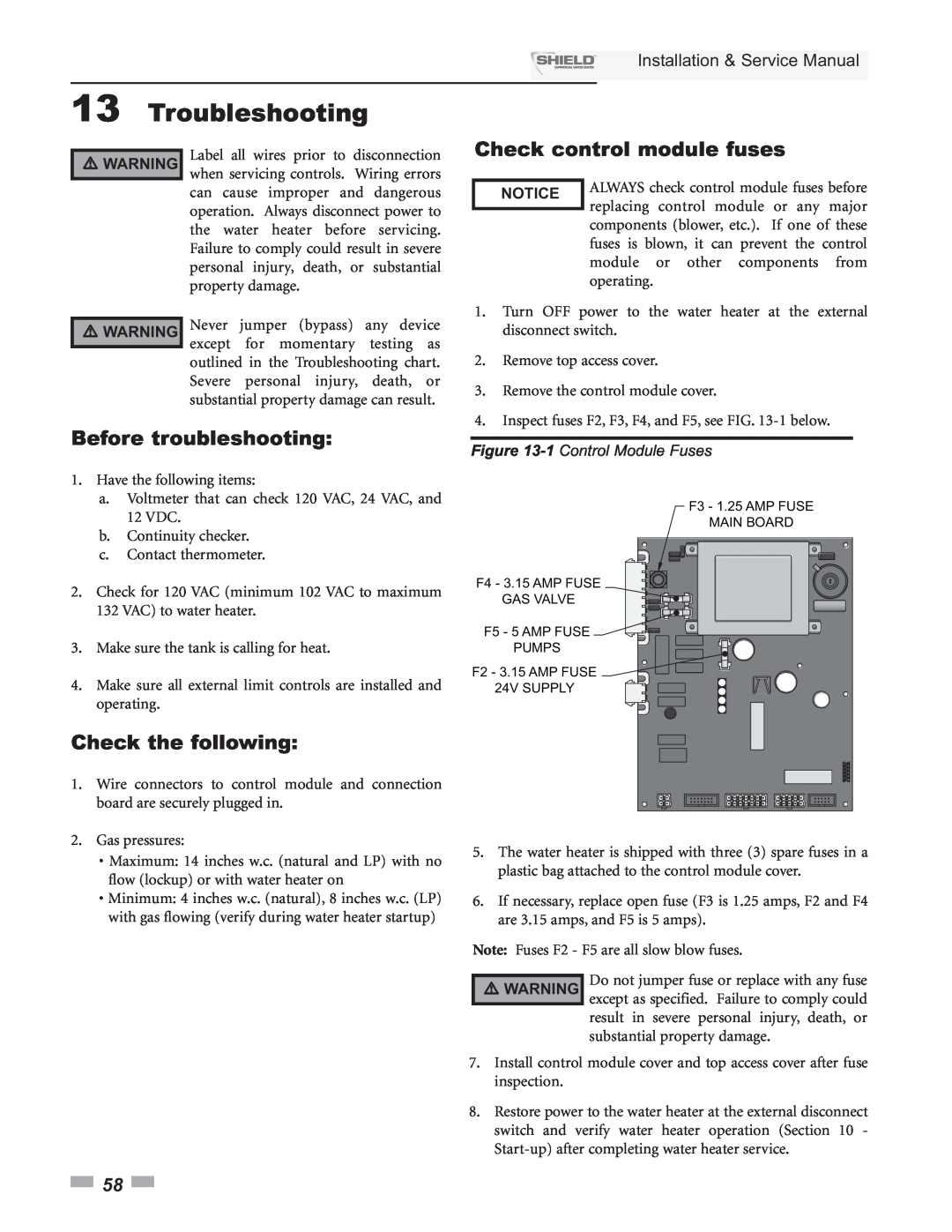 Lochinvar SNR150-100 Troubleshooting, Check control module fuses, Before troubleshooting, Check the following, Notice 