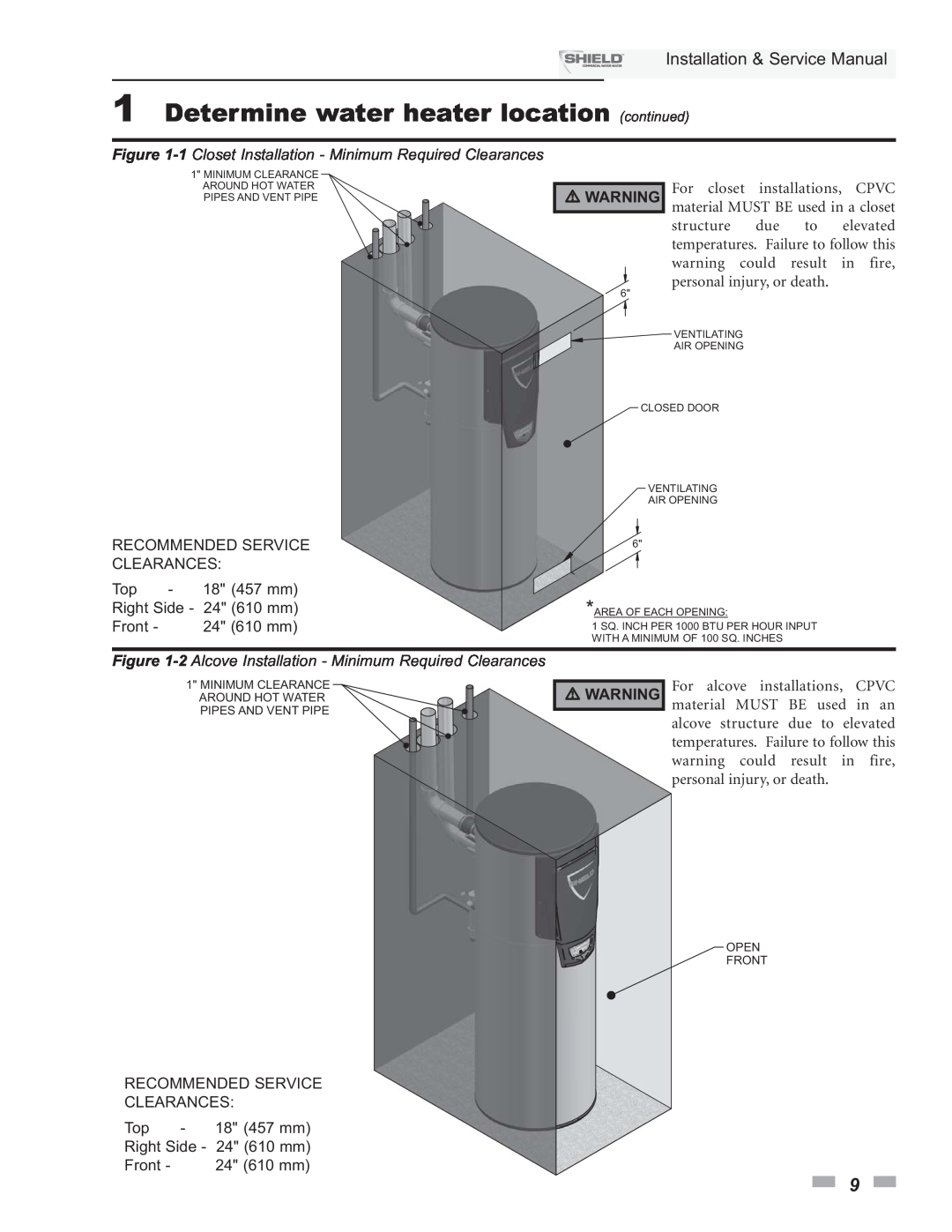 Lochinvar SNA400-125, SNA500-125, SNR200-100 1Determine water heater location continued, Installation & Service Manual 