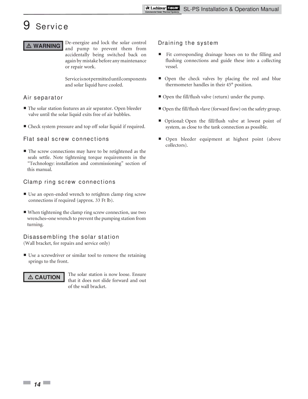 Lochinvar PS1000, SPS0250, SPS0500 operation manual Service, Draining the system, Air separator, Clamp ring screw connections 