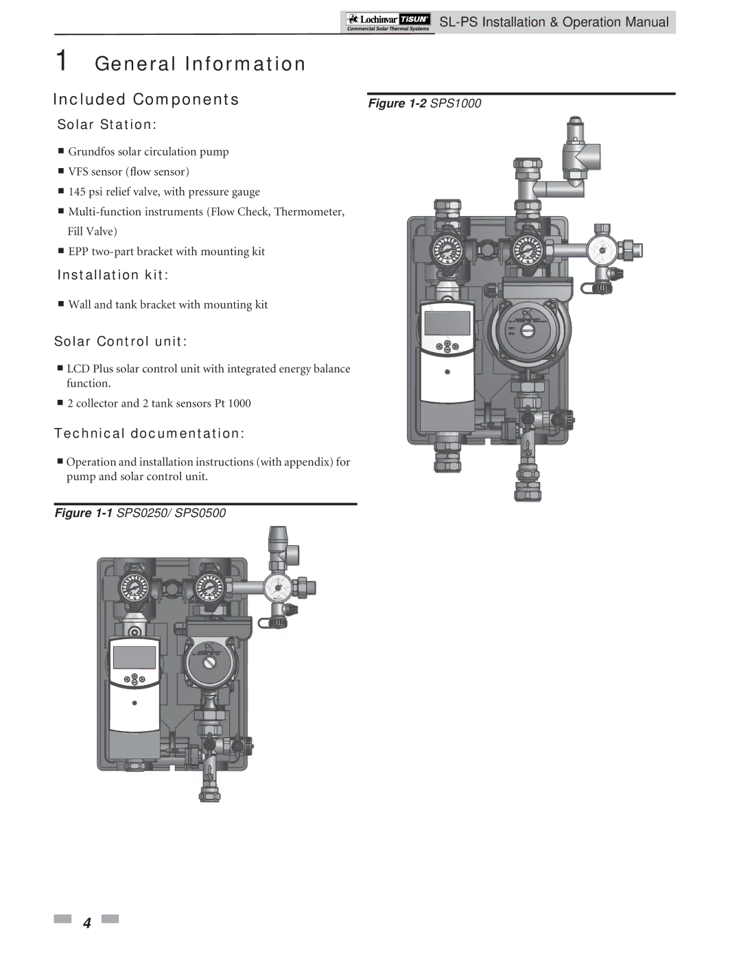 Lochinvar SPS0500, SPS0250, PS1000 Solar Station, Installation kit, Solar Control unit, Technical documentation 