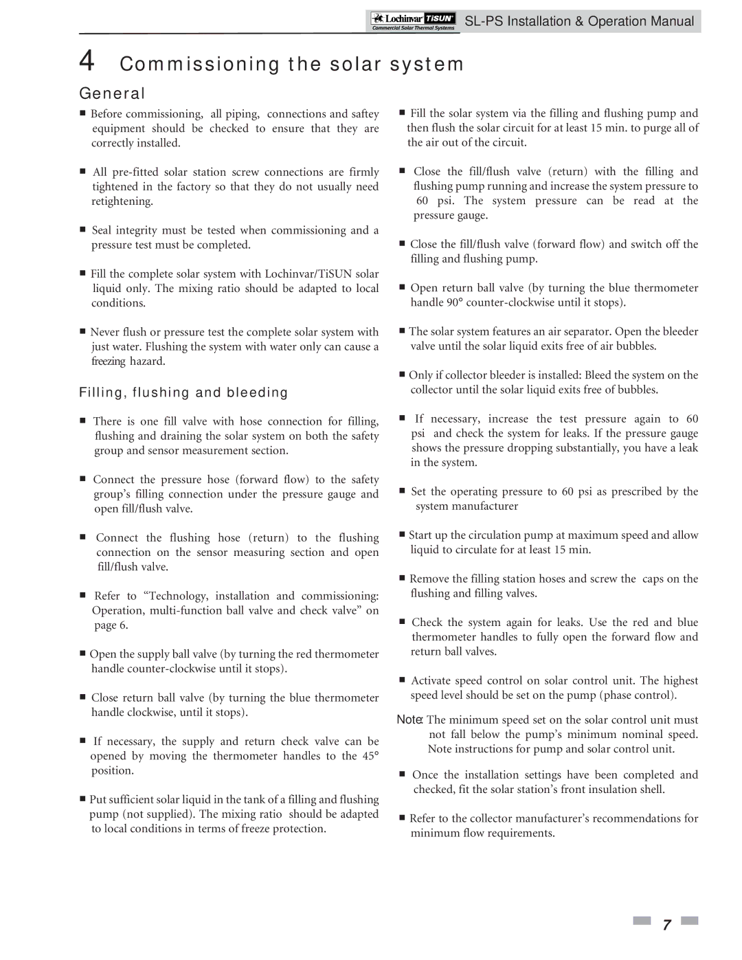 Lochinvar SPS0500, SPS0250, PS1000 operation manual Commissioning the solar system, Filling, flushing and bleeding 