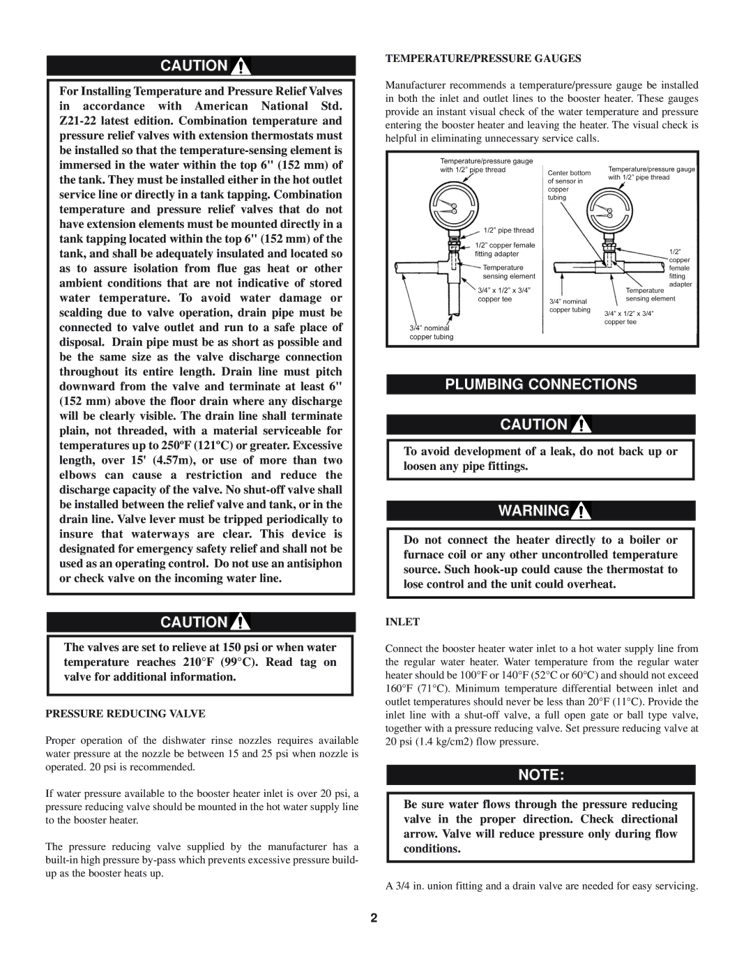 Lochinvar SSB-i & s--01 Plumbing Connections, Pressure Reducing Valve, TEMPERATURE/PRESSURE Gauges, Inlet 