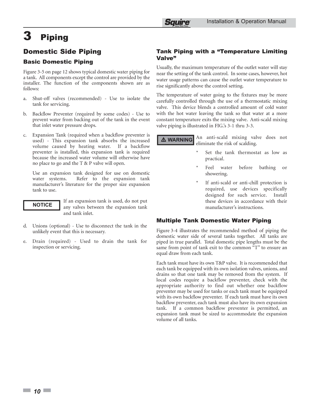 Lochinvar SSS03 operation manual Domestic Side Piping, Tank Piping with a Temperature Limiting Valve 