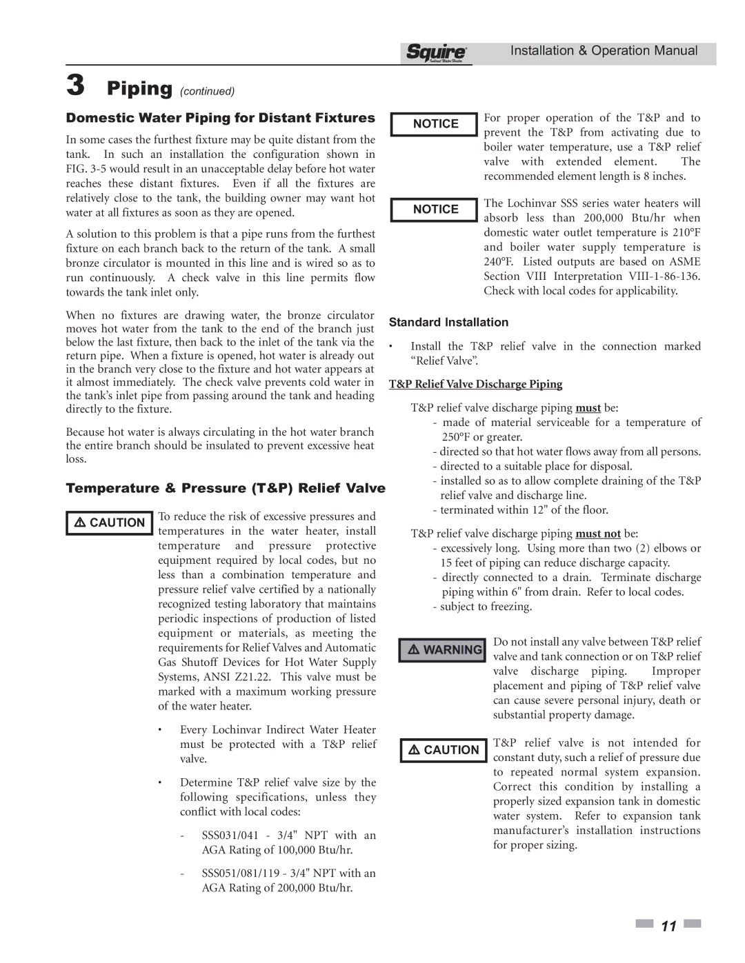 Lochinvar SSS03 operation manual Domestic Water Piping for Distant Fixtures, Relief Valve Discharge Piping 