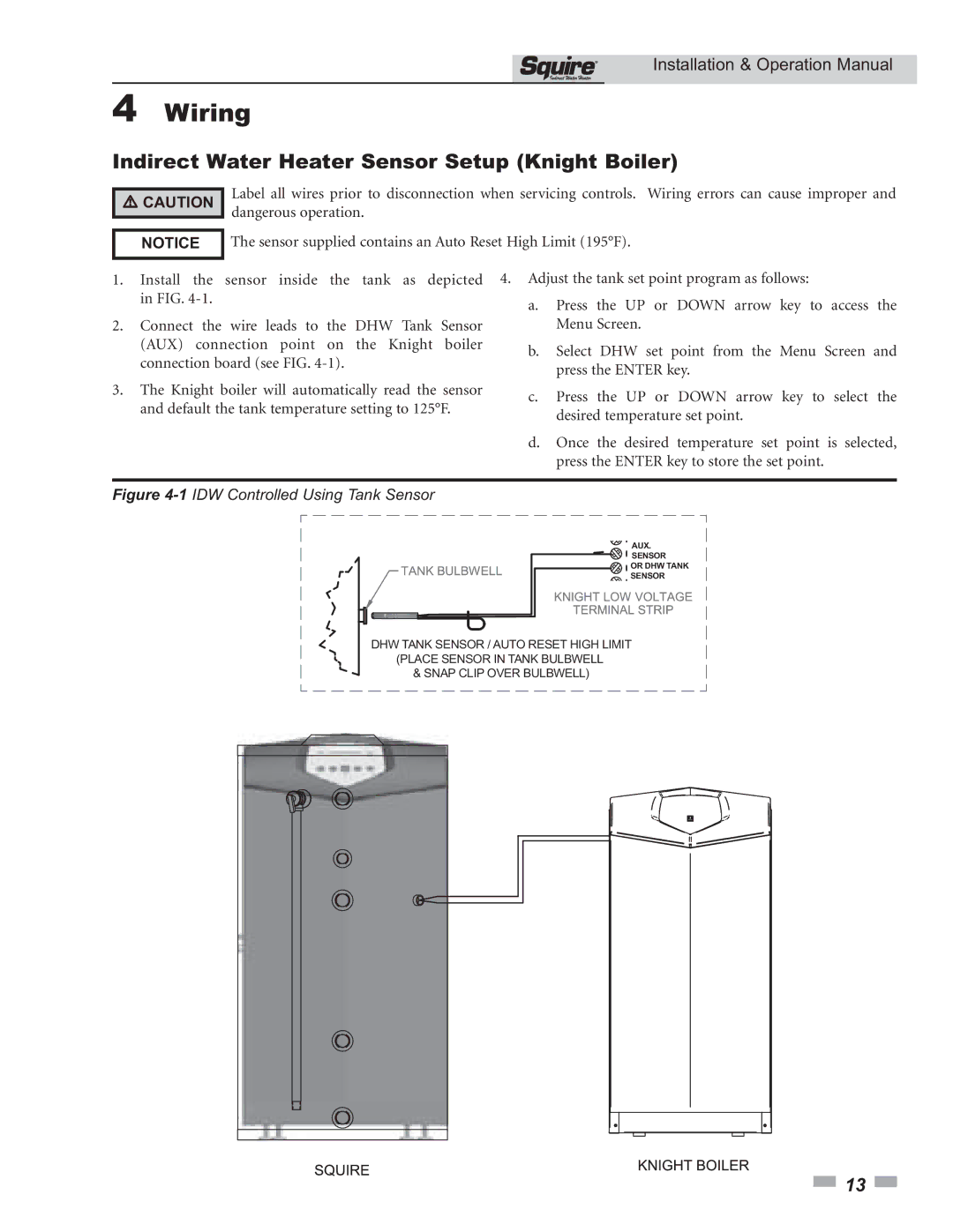 Lochinvar SSS03 operation manual Wiring, Indirect Water Heater Sensor Setup Knight Boiler 