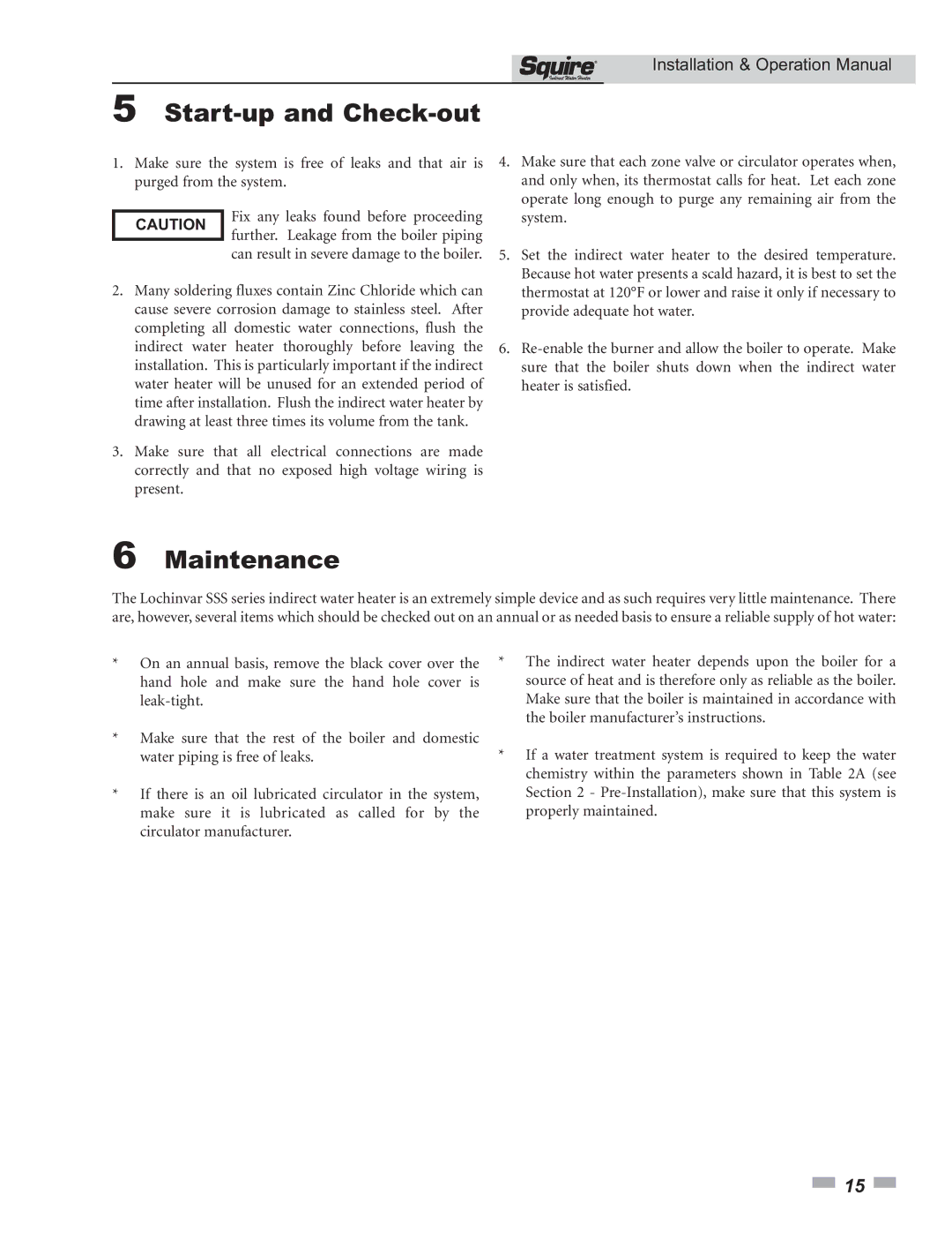 Lochinvar SSS03 operation manual Start-up and Check-out, Maintenance 