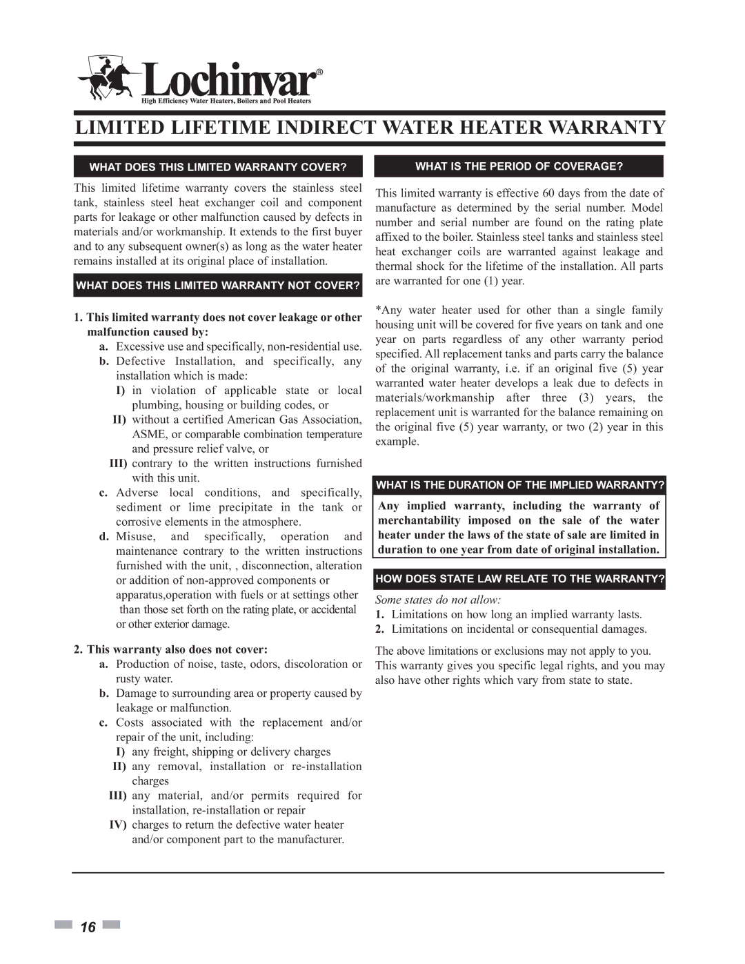 Lochinvar SSS03 operation manual Limited Lifetime Indirect Water Heater Warranty, This warranty also does not cover 